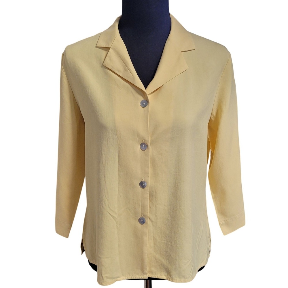 Butter Yellow Blouse M Sandwash Silk‎ Vintage 90s Button Up 3/4 Sleeve